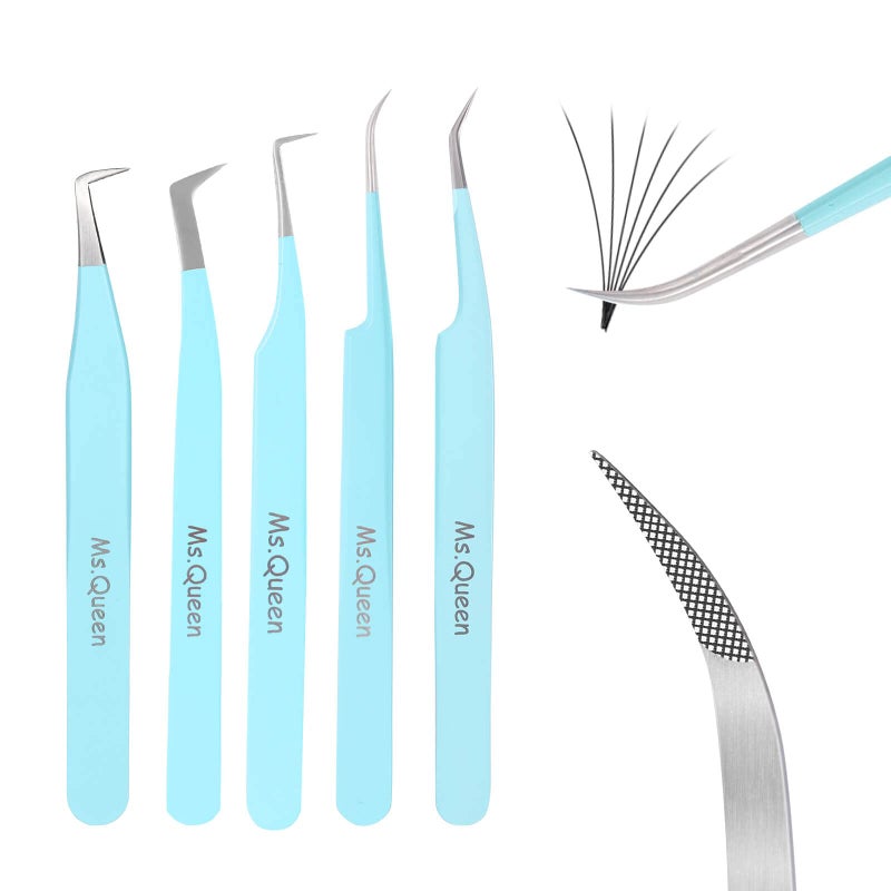 MsQueen Lash Tweezers for Eyelash ExtensionsProfessional 5Pcs Fiber Tip Curved Isolation 45 90 Degree Boot Volume Lash Tweezers for Extensions Blue